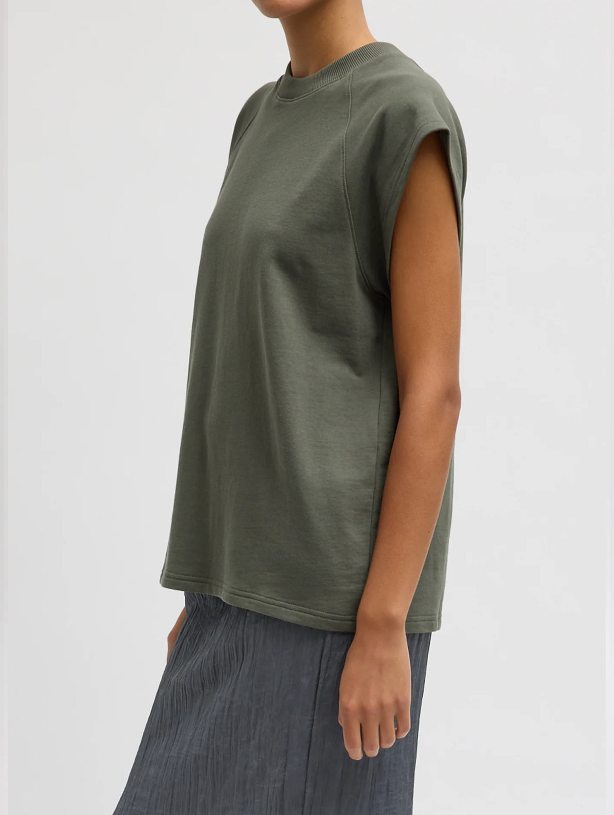 Light Weight Sweatshirting Sleeveless Easy Top in Olive