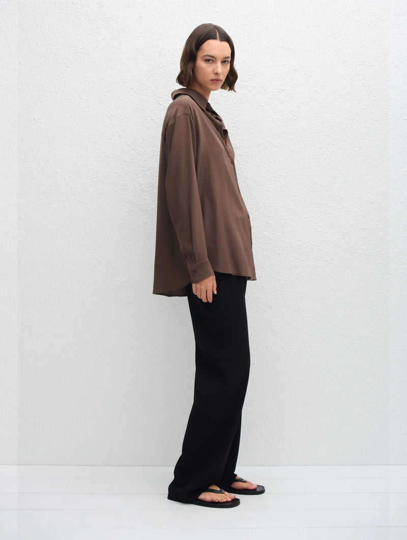 Long Sleeve Silk Shirt in Truffle