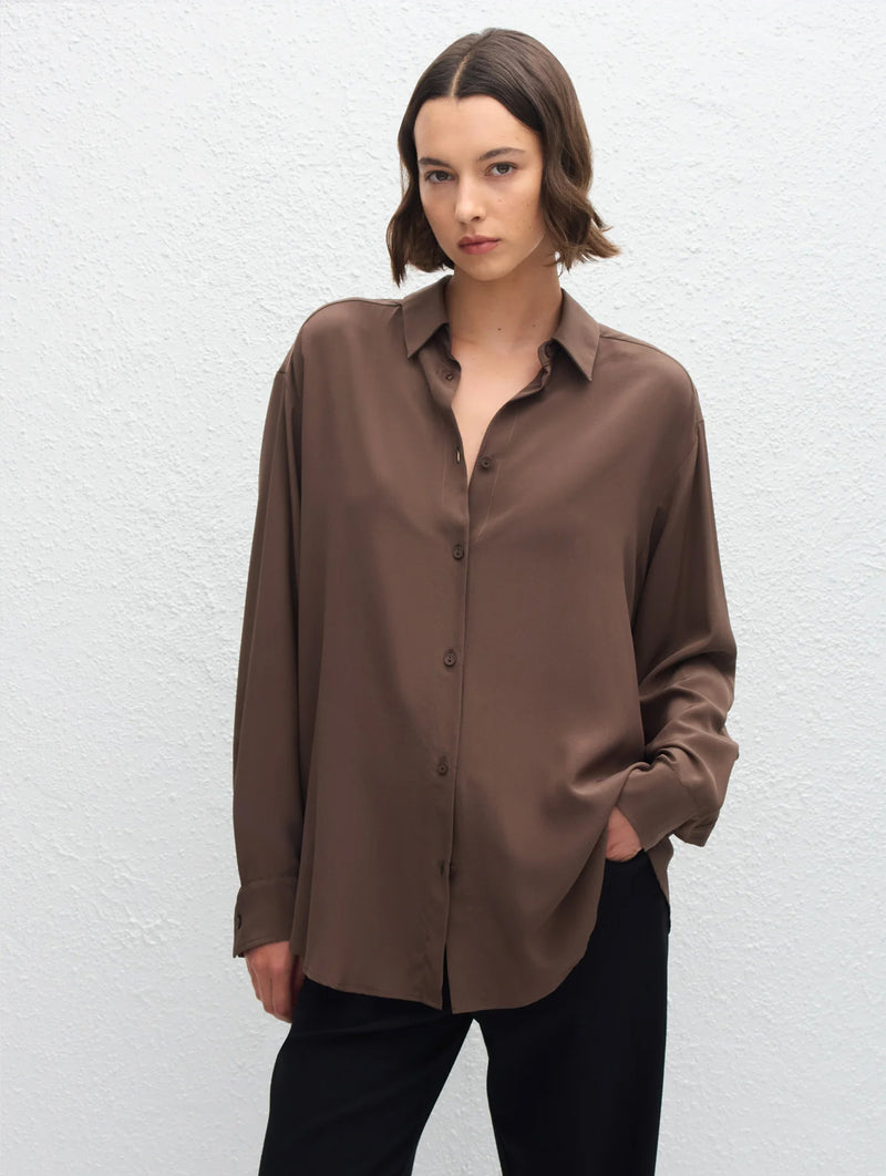Long Sleeve Silk Shirt in Truffle