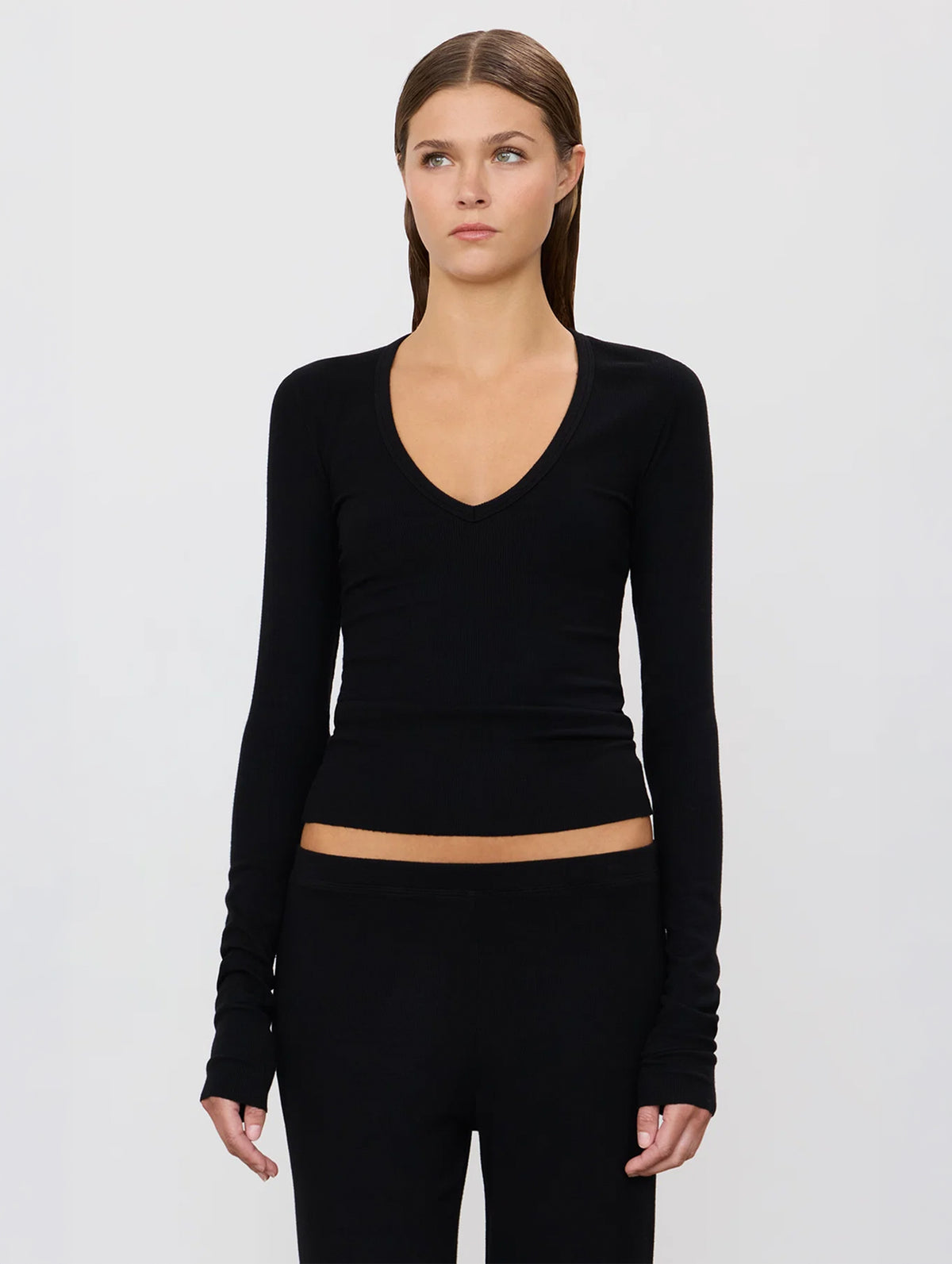 Long Sleeve V-Neck Top in Black