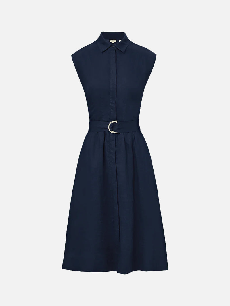 Loreta Belted Linen Dress in Navy