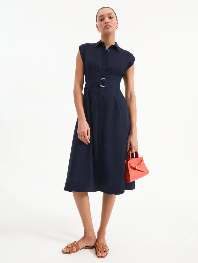 Loreta Belted Linen Dress in Navy