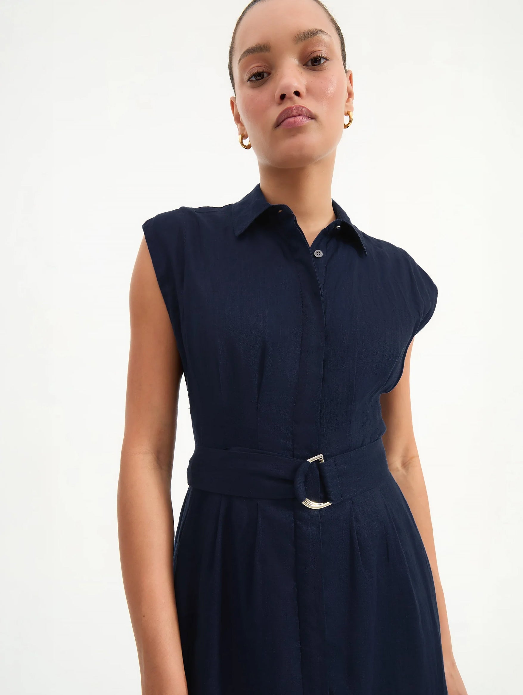 Loreta Belted Linen Dress in Navy