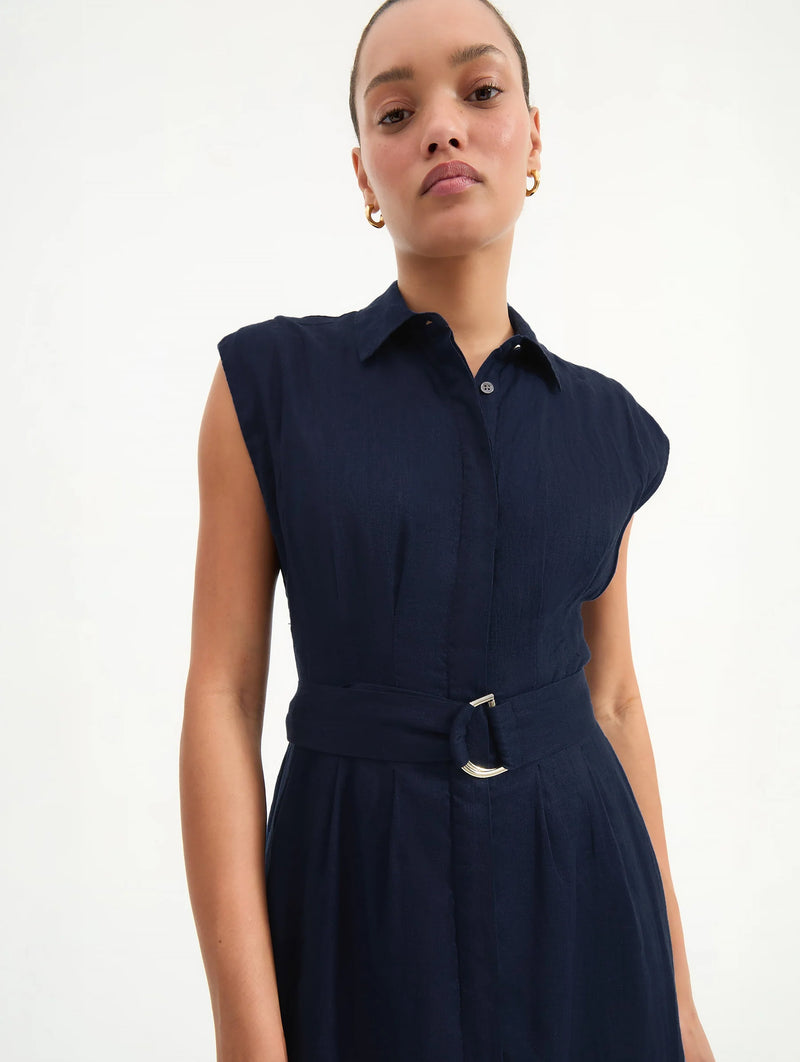 Loreta Belted Linen Dress in Navy