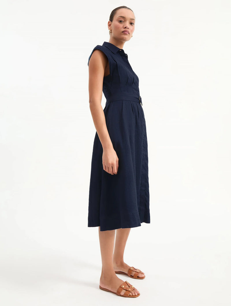 Loreta Belted Linen Dress in Navy