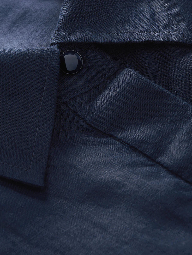 Loreta Belted Linen Dress in Navy
