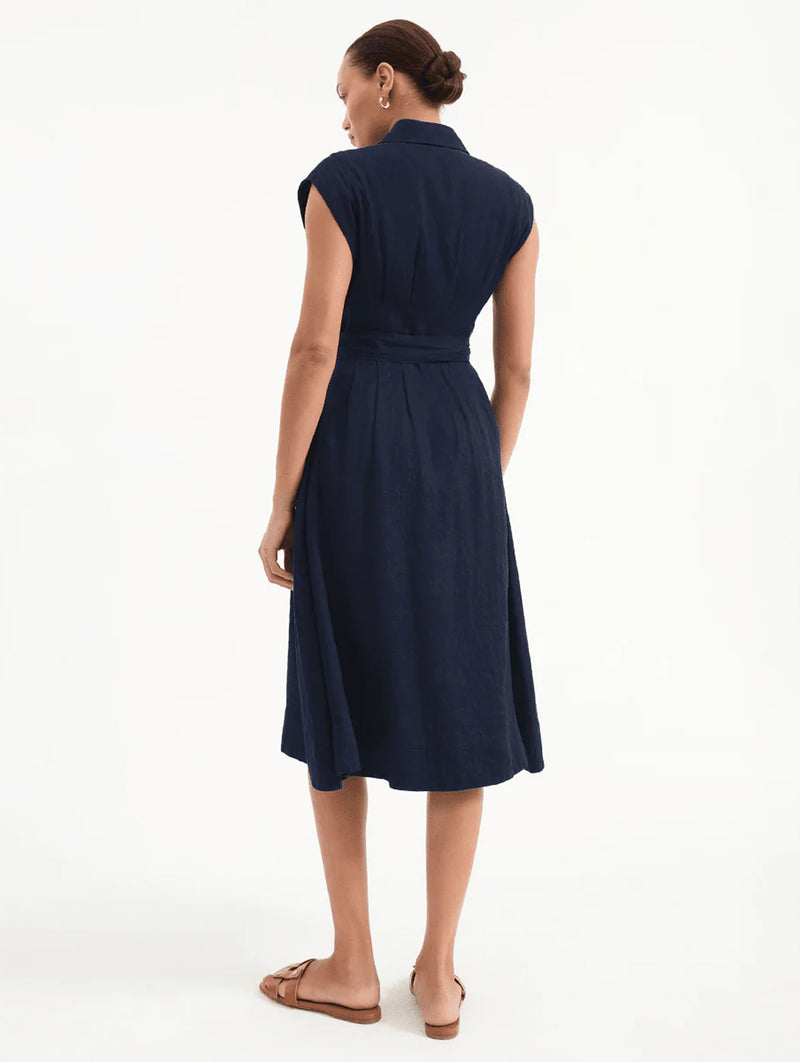 Loreta Belted Linen Dress in Navy