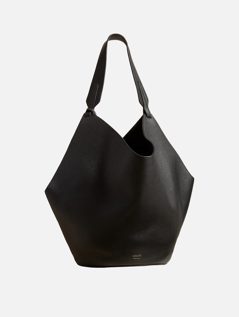 Medium Lotus Leather Tote in Black Pebbled Leather