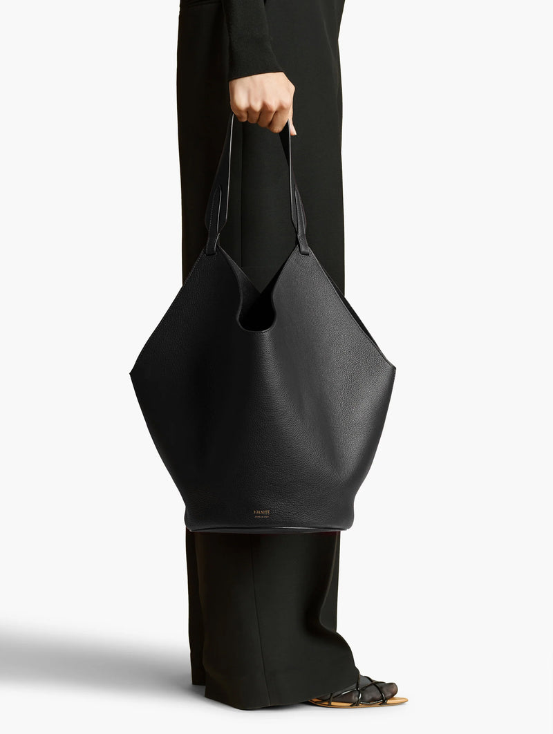 Medium Lotus Leather Tote in Black Pebbled Leather