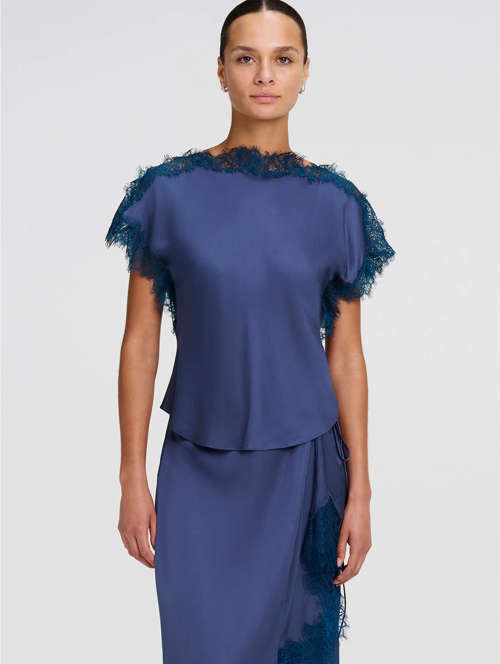 Luna Satin and Lace Top in Ash Blue