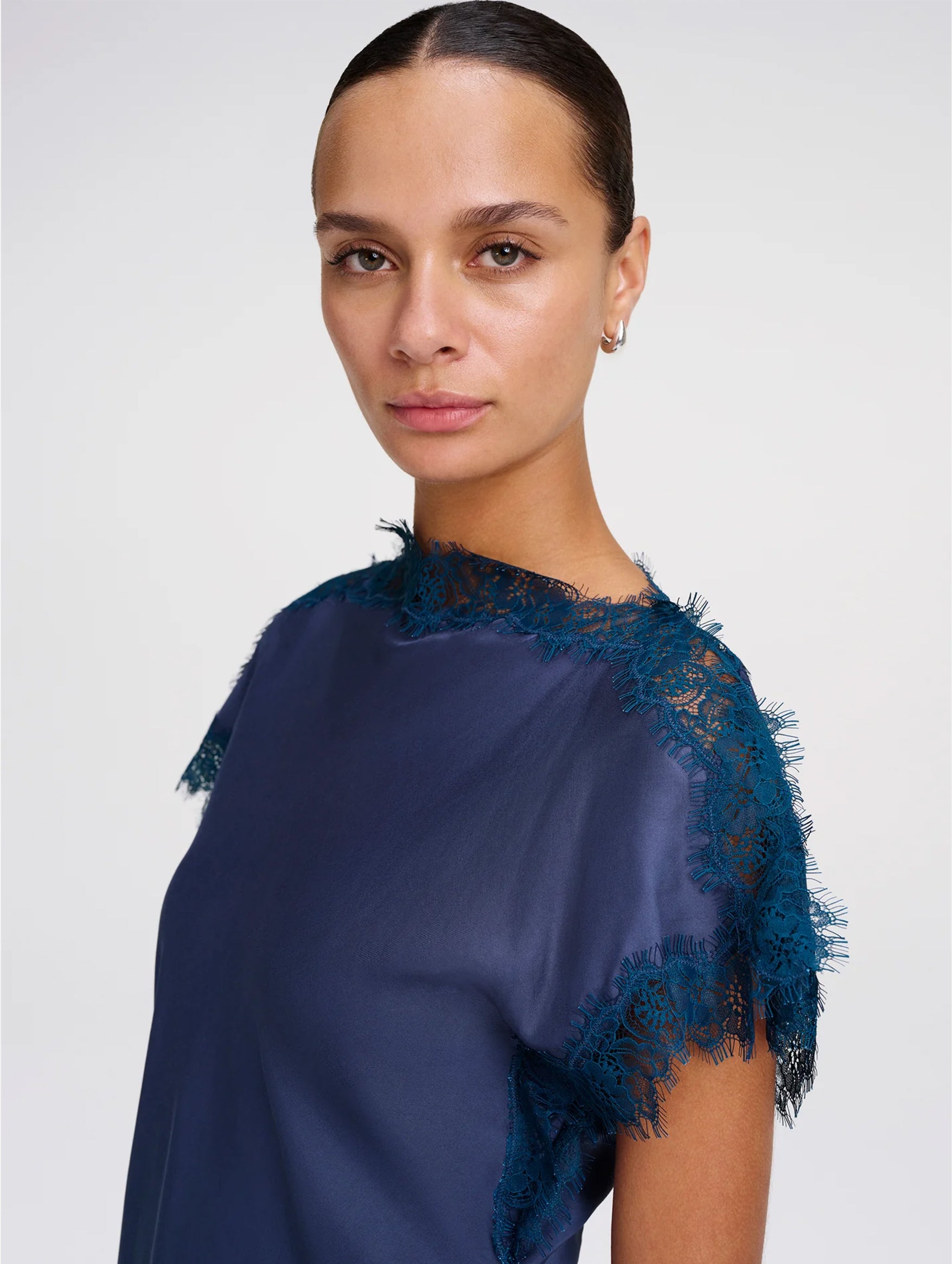 Luna Satin and Lace Top in Ash Blue