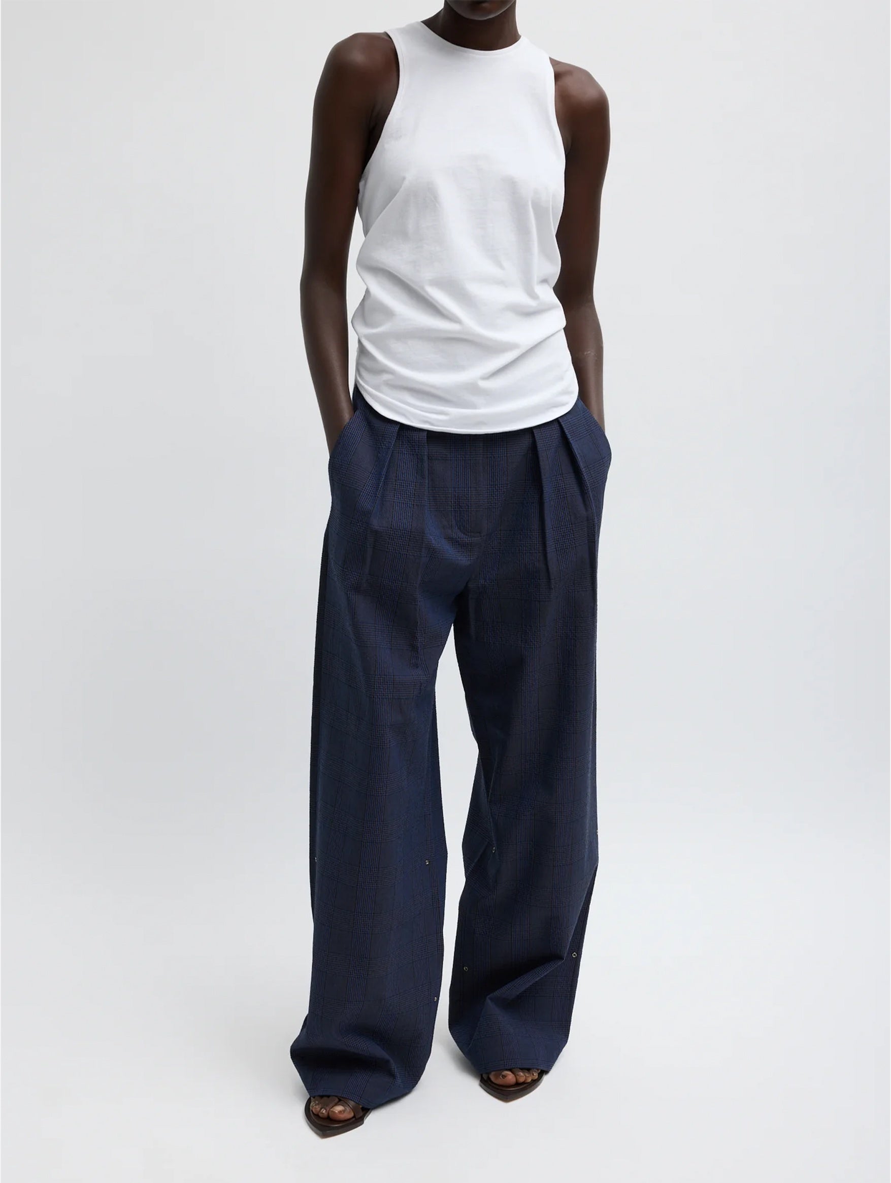 Menswear Crepon Stella Full Length Pant in Navy Multi Plaid