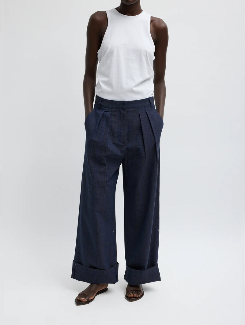 Menswear Crepon Stella Full Length Pant in Navy Multi Plaid