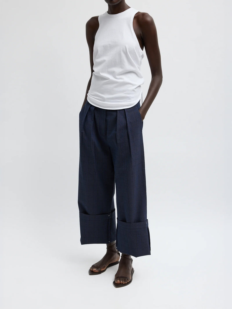 Menswear Crepon Stella Full Length Pant in Navy Multi Plaid