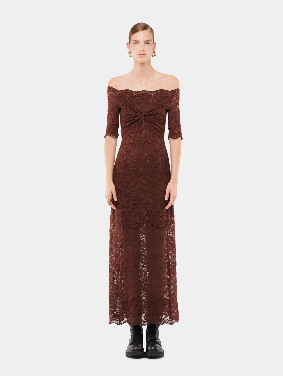 Lace Midi Dress in Cinnamon Brown