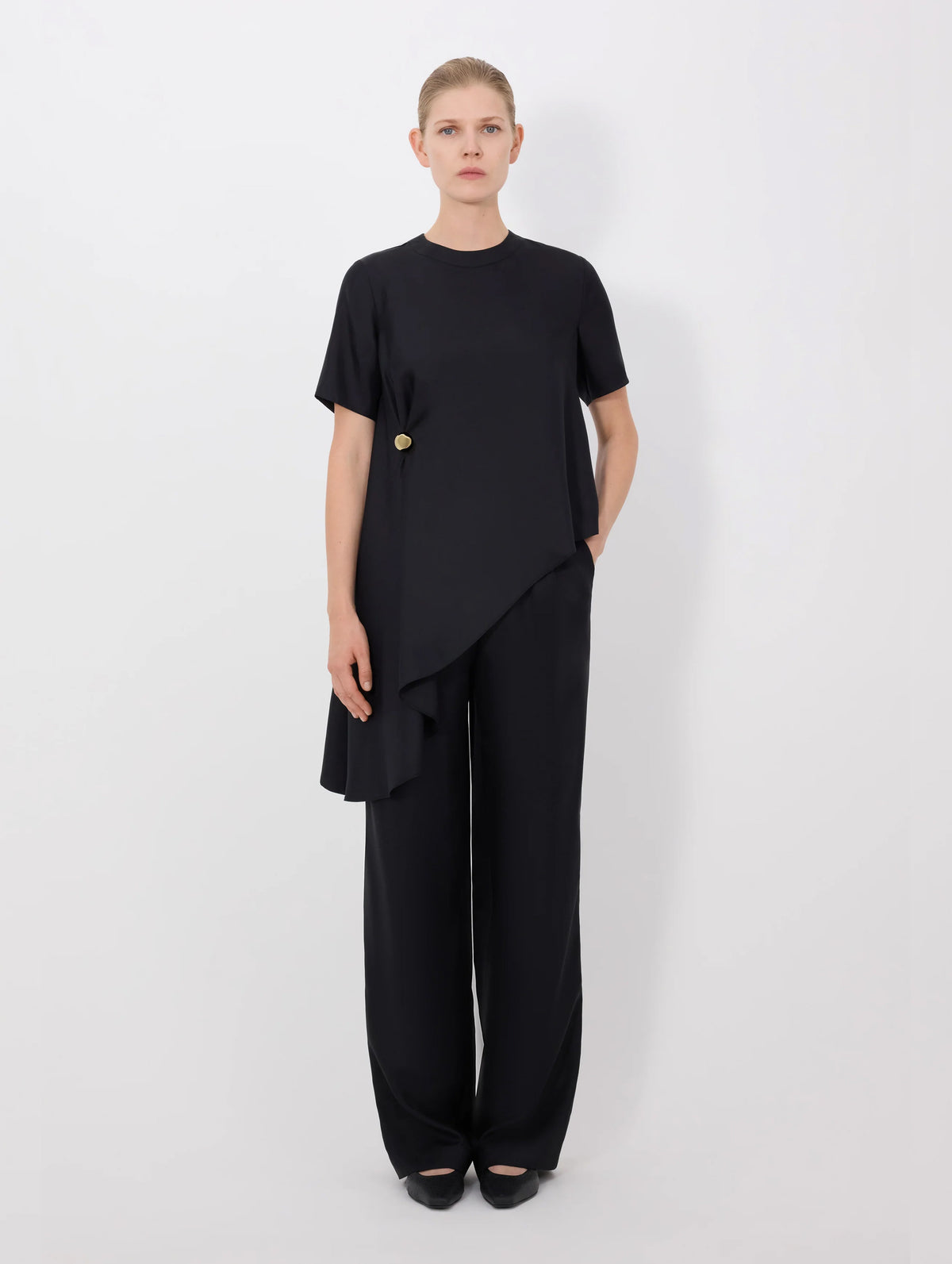 Madea Silk Draped Asymmetric Top in Black
