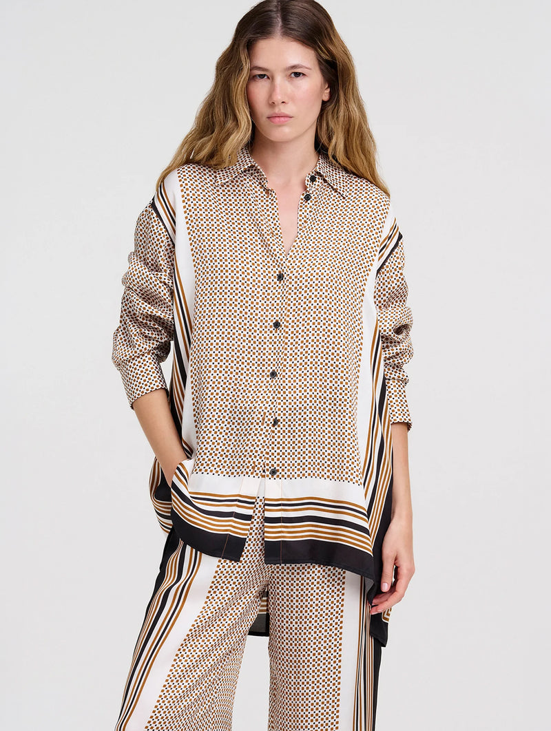 Maisie Scarf Print Shirt in Black & Caramel Dotted