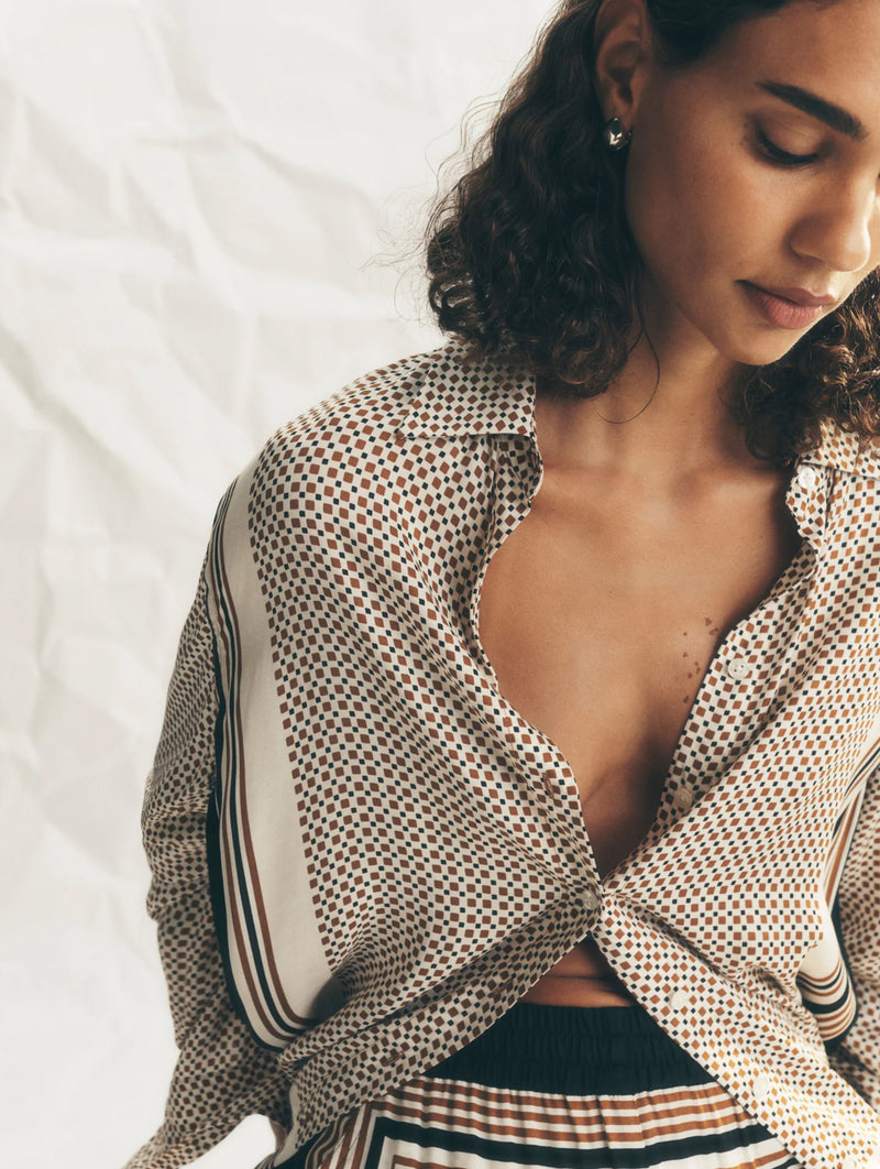 Maisie Scarf Print Shirt in Black & Caramel Dotted