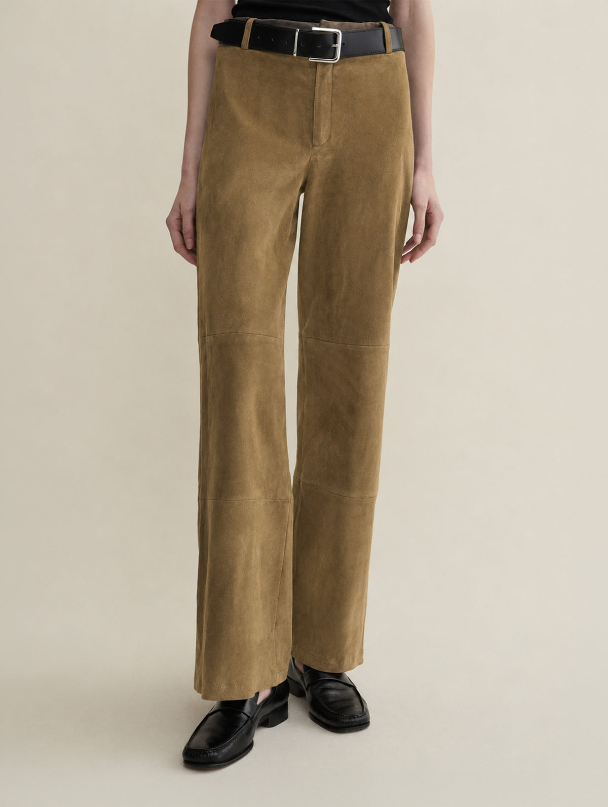 Marina Stretch Suede Trousers in Dark Olive leather