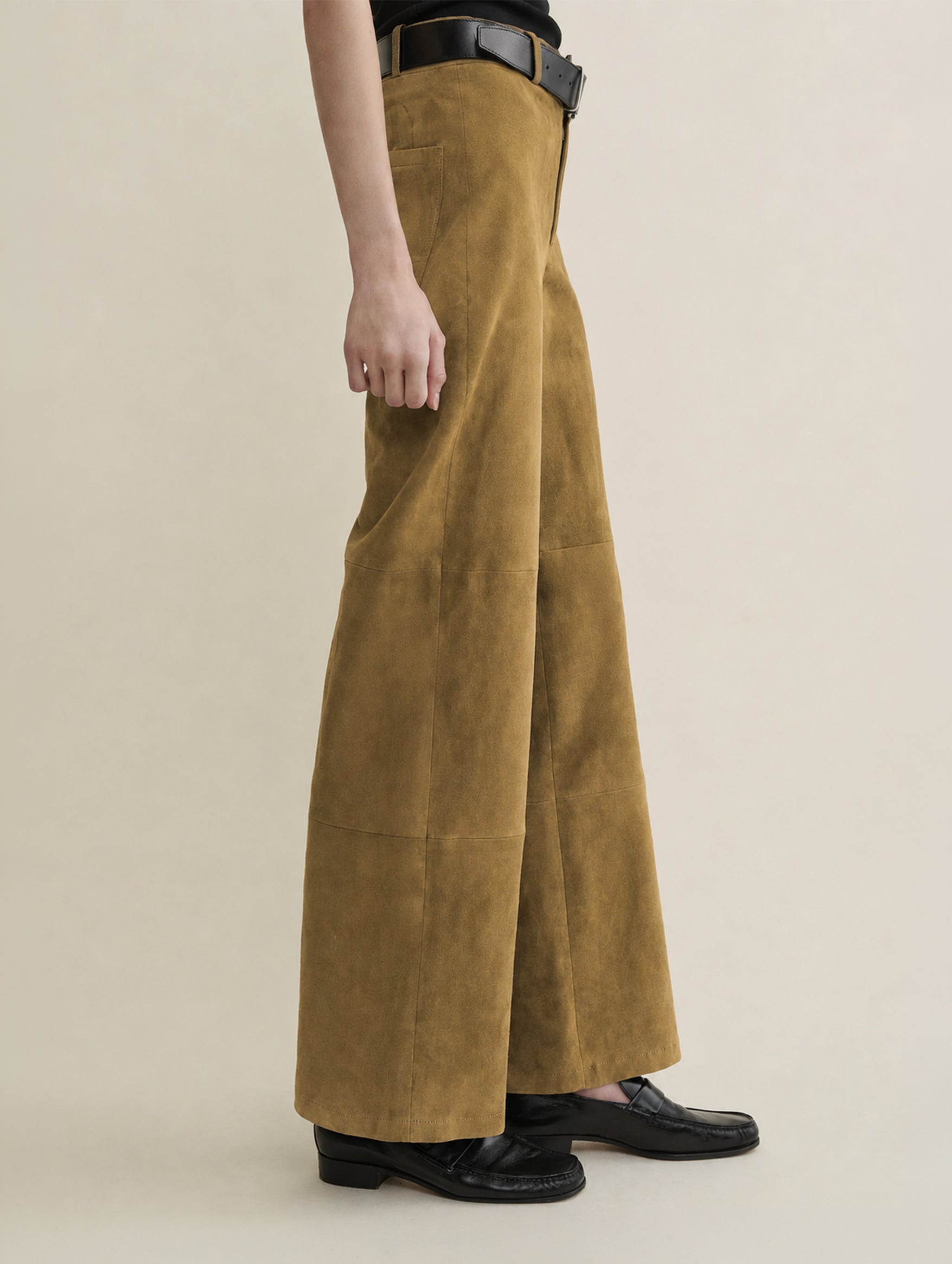 Marina Stretch Suede Trousers in Dark Olive leather