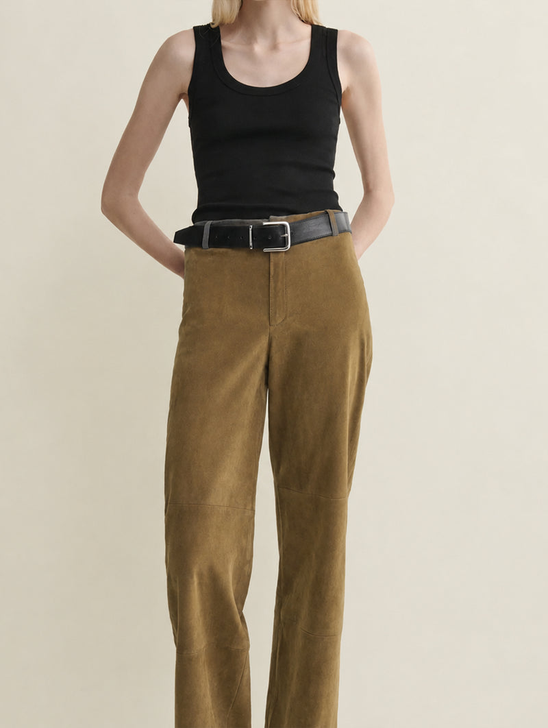 Marina Stretch Suede Trousers in Dark Olive leather