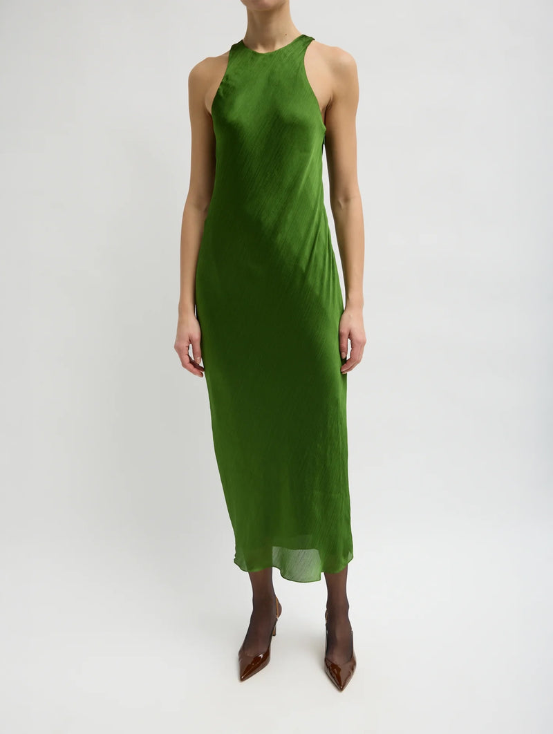 Matte Satin Plisse Midi Bias Dress in Green