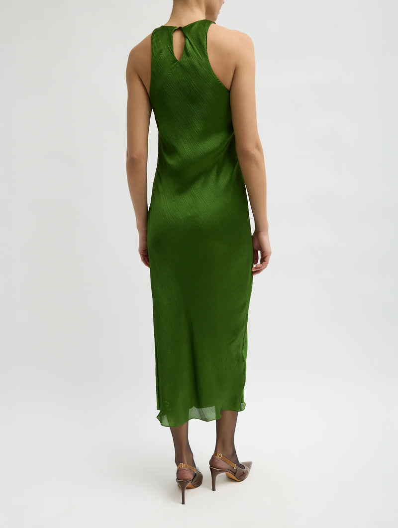 Matte Satin Plisse Midi Bias Dress in Green