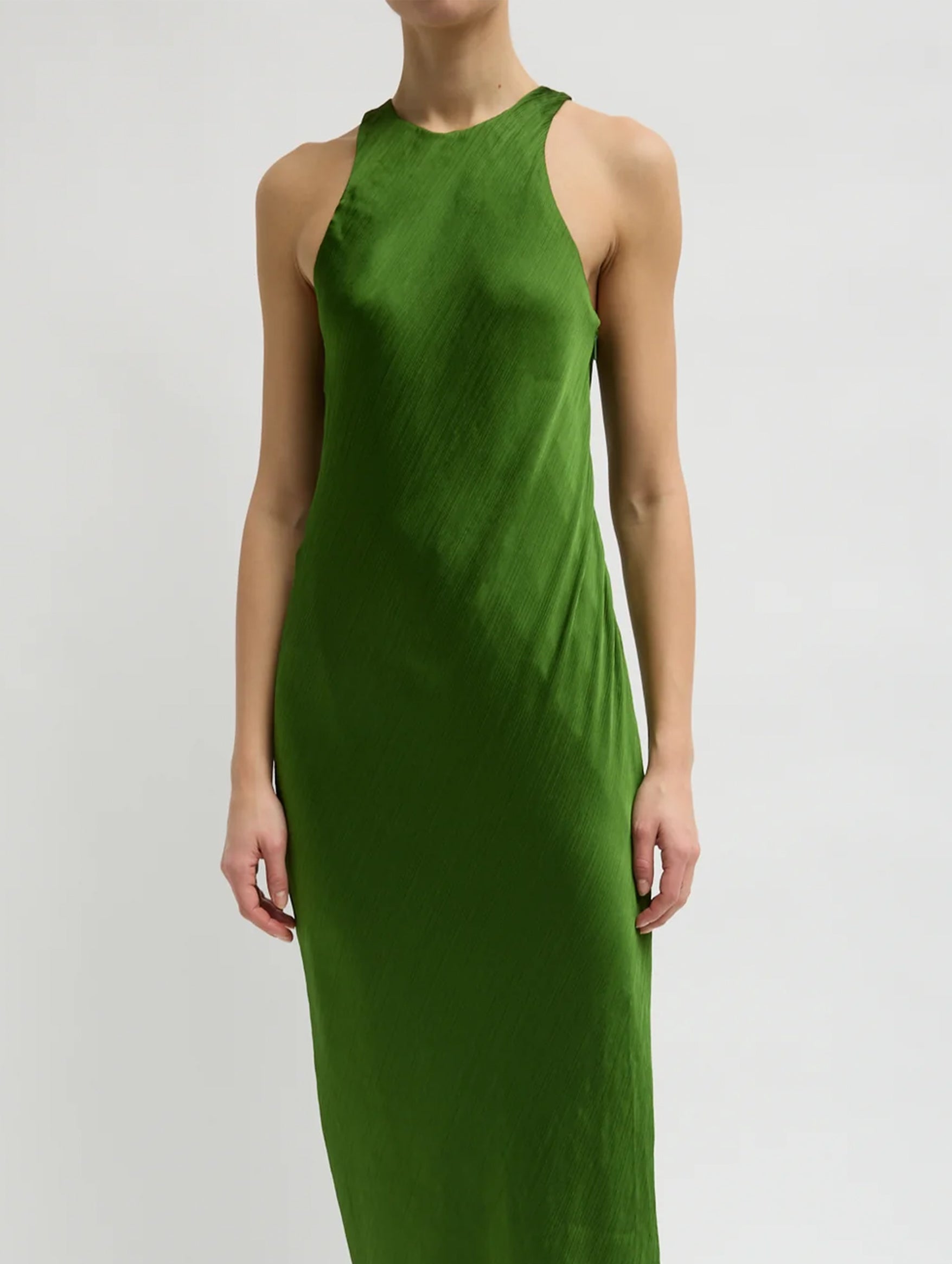 Matte Satin Plisse Midi Bias Dress in Green