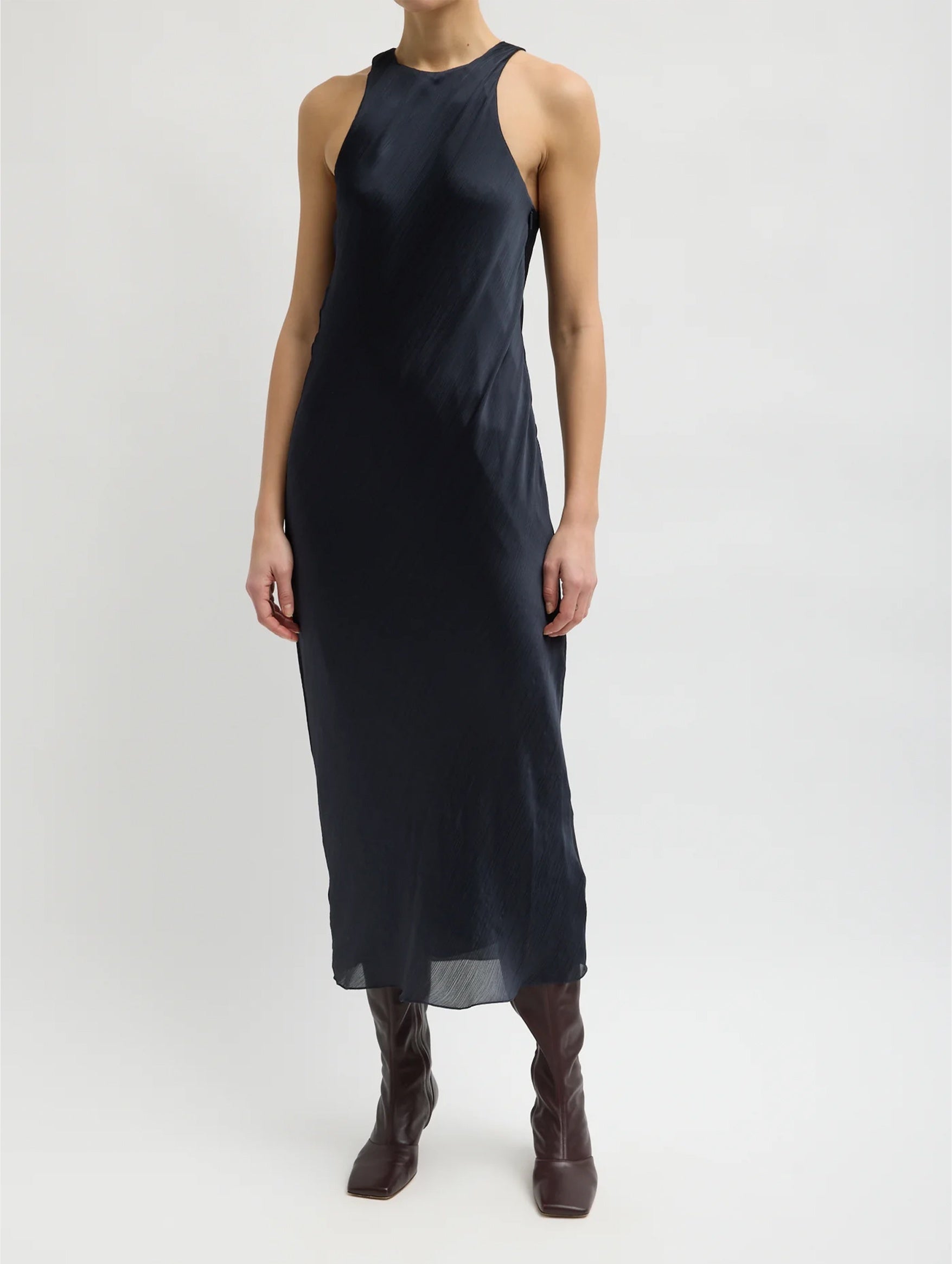 Matte Satin Plisse Midi Bias Dress in Navy