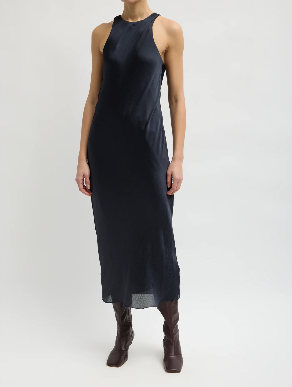 Matte Satin Plisse Midi Bias Dress in Navy