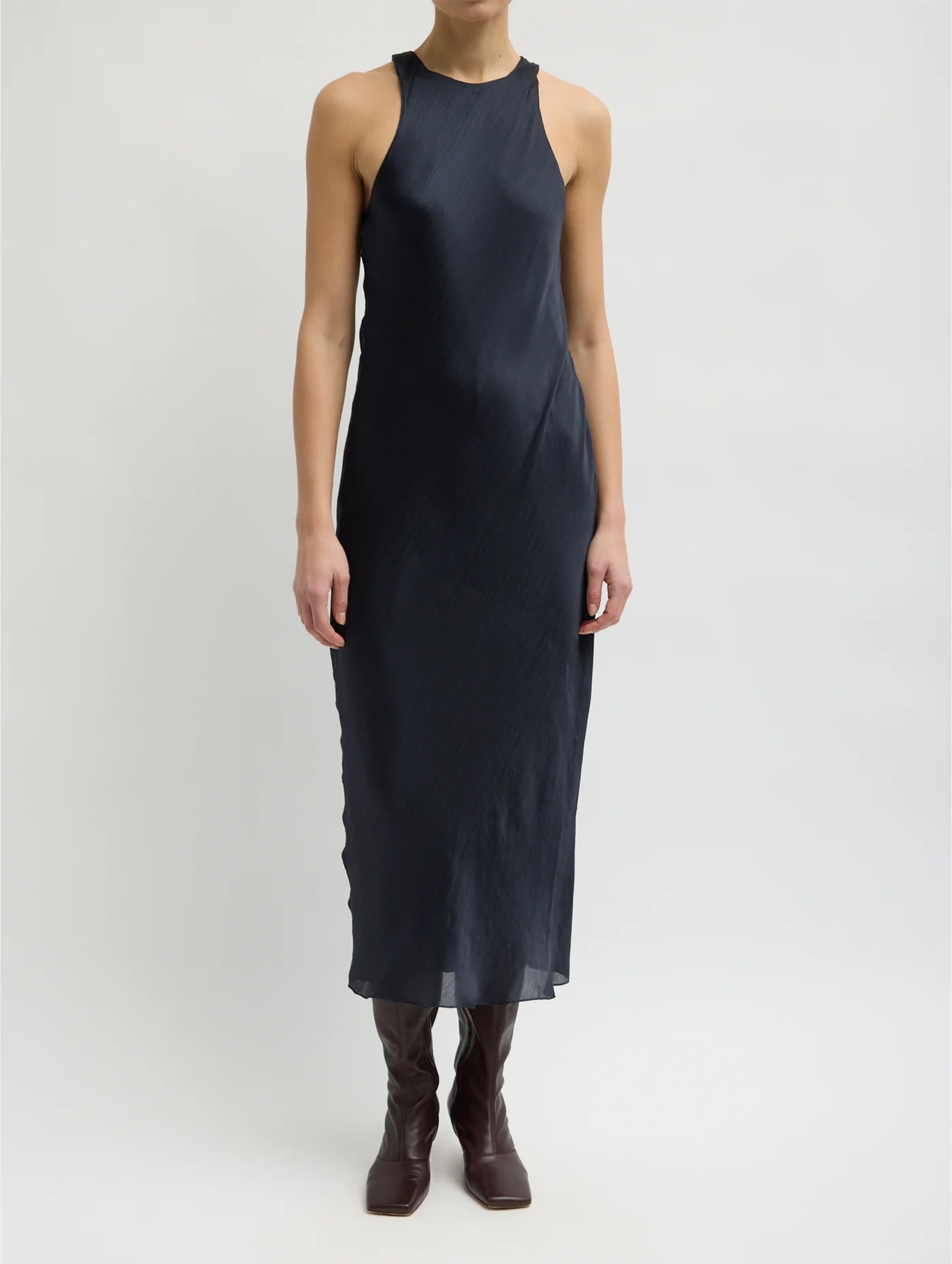Matte Satin Plisse Midi Bias Dress in Navy