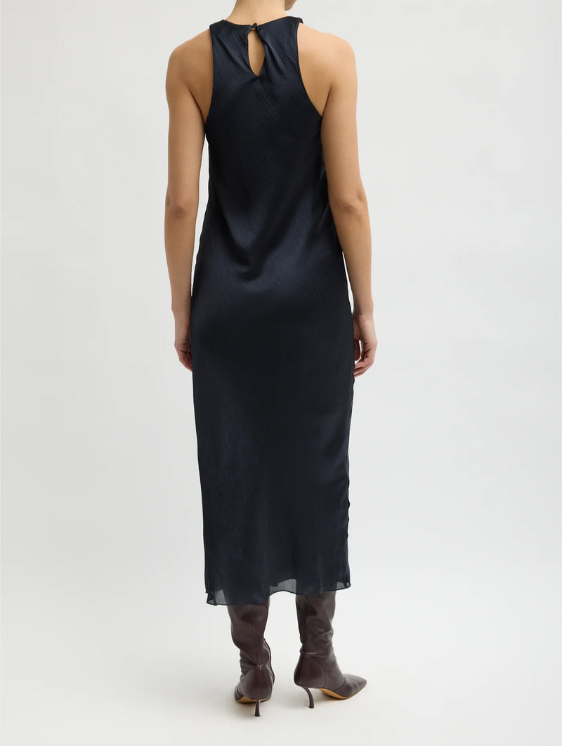 Matte Satin Plisse Midi Bias Dress in Navy