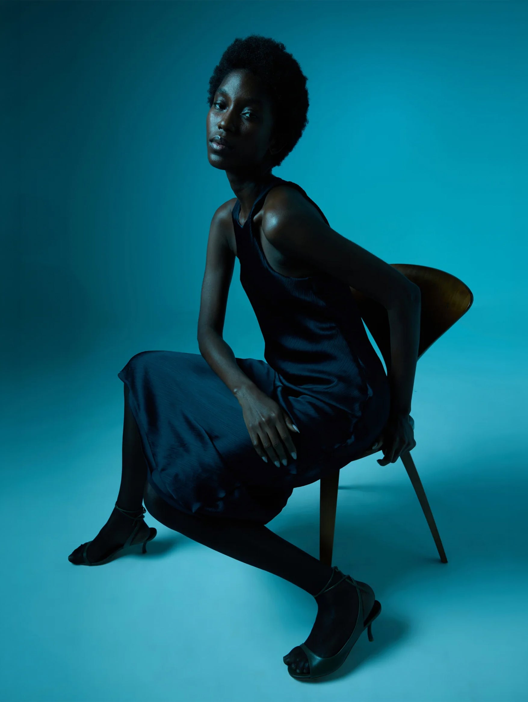 Matte Satin Plisse Midi Bias Dress in Navy