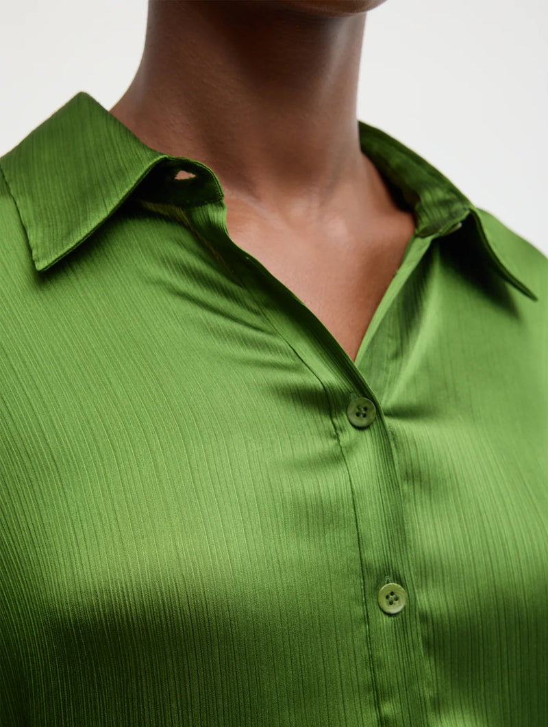 Matte Satin Plisse Slim Shirt in Green