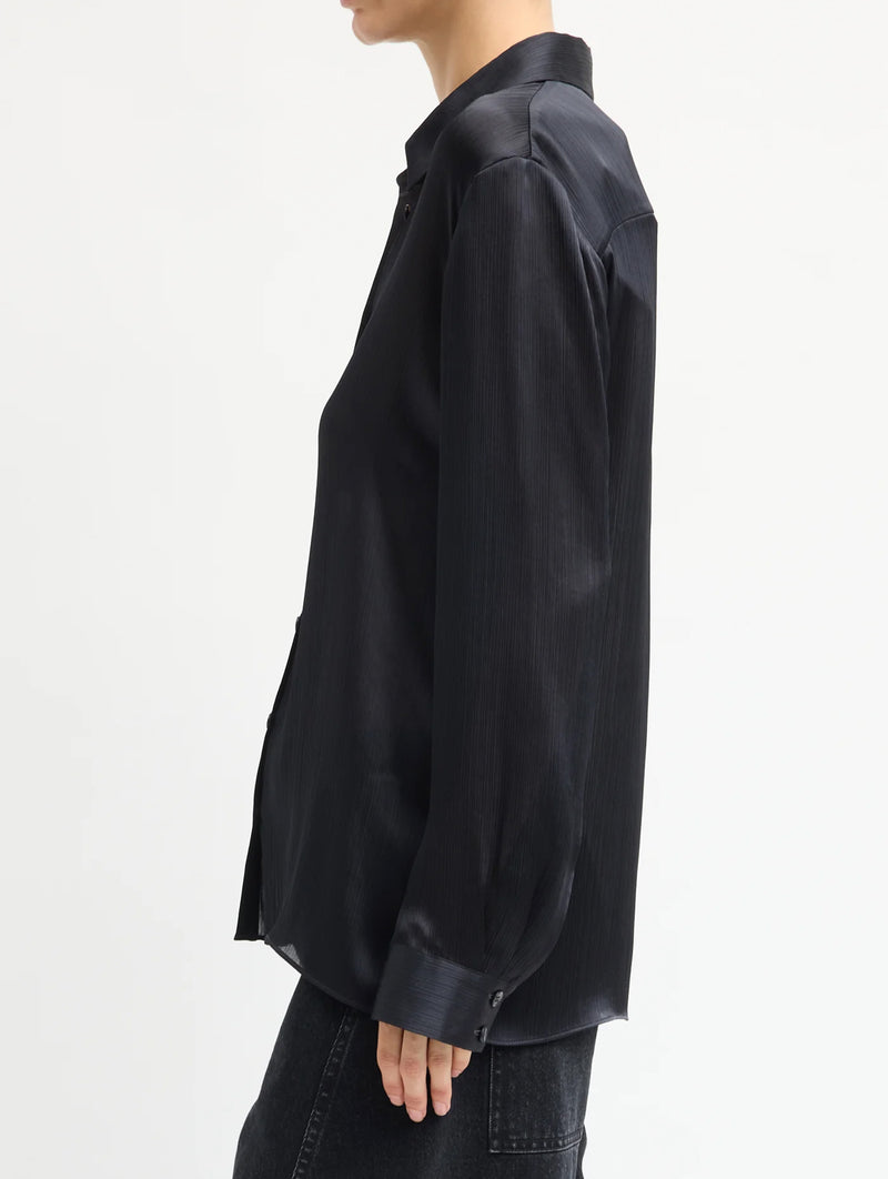 Matte Satin Plisse Slim Shirt in Navy