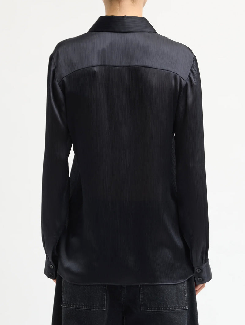Matte Satin Plisse Slim Shirt in Navy