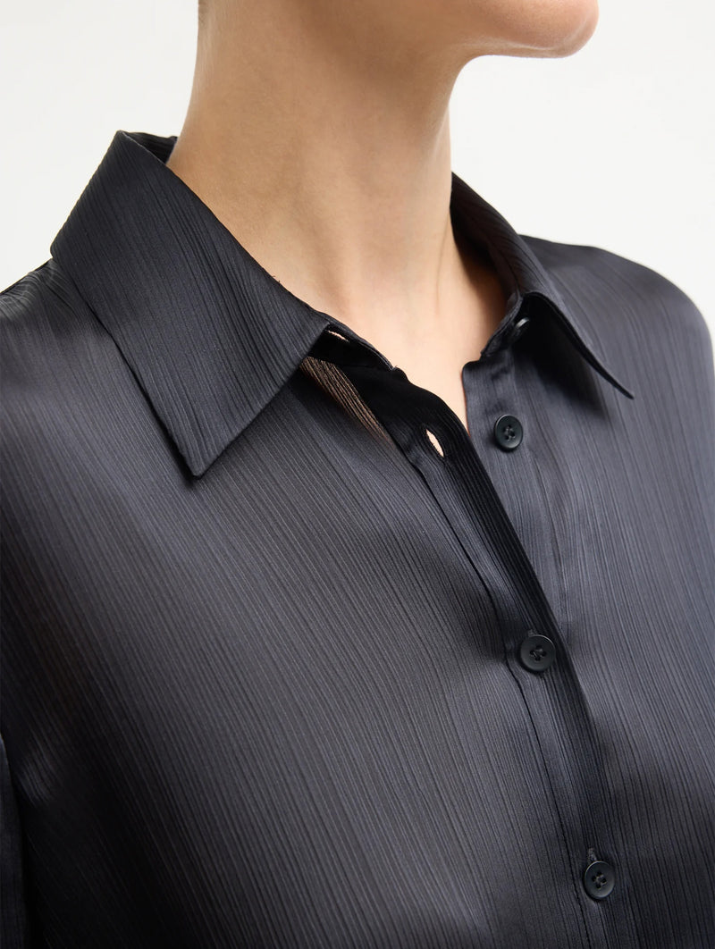 Matte Satin Plisse Slim Shirt in Navy