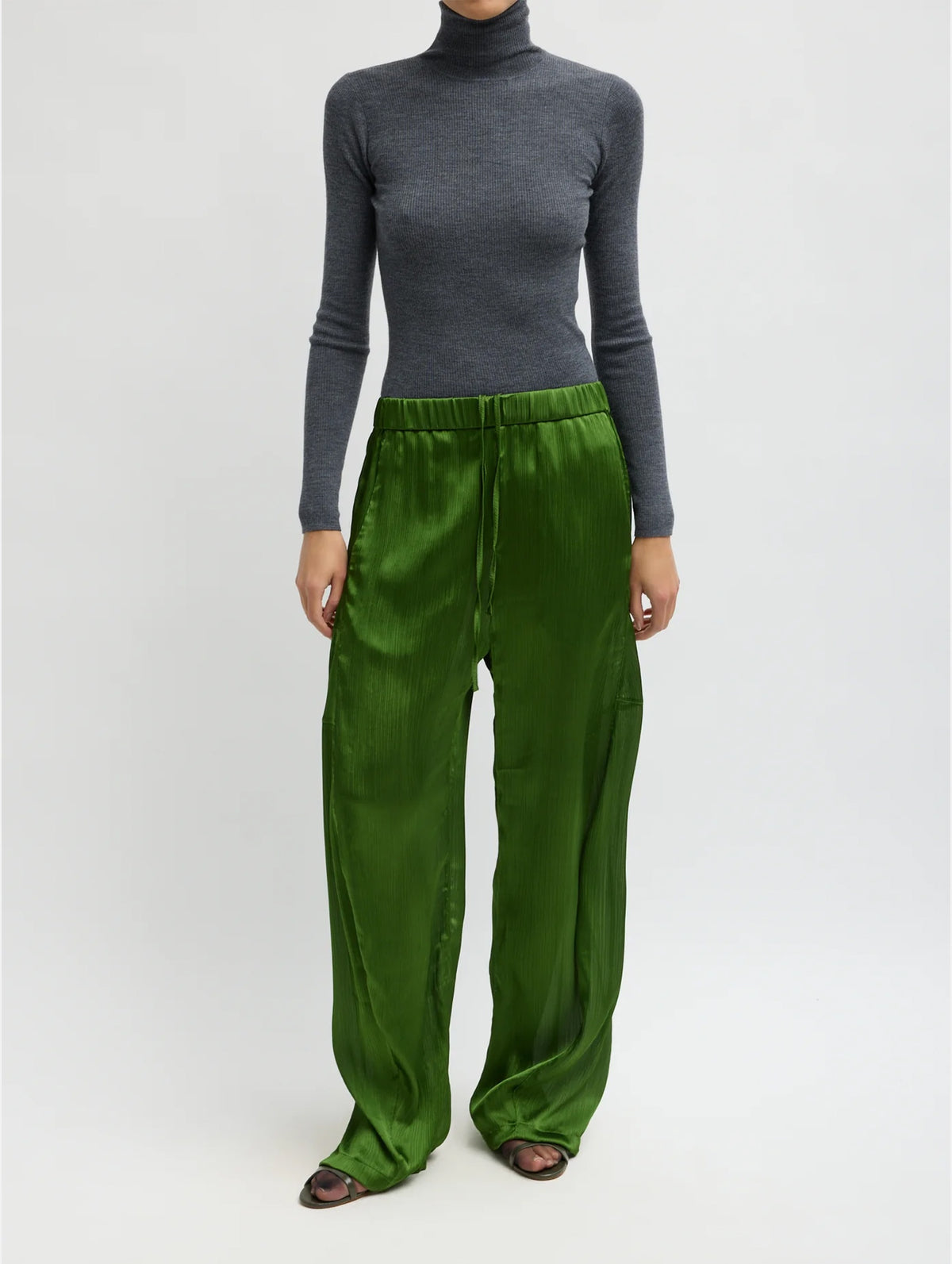 Matte Satin Plisse Winslow Pant in Green