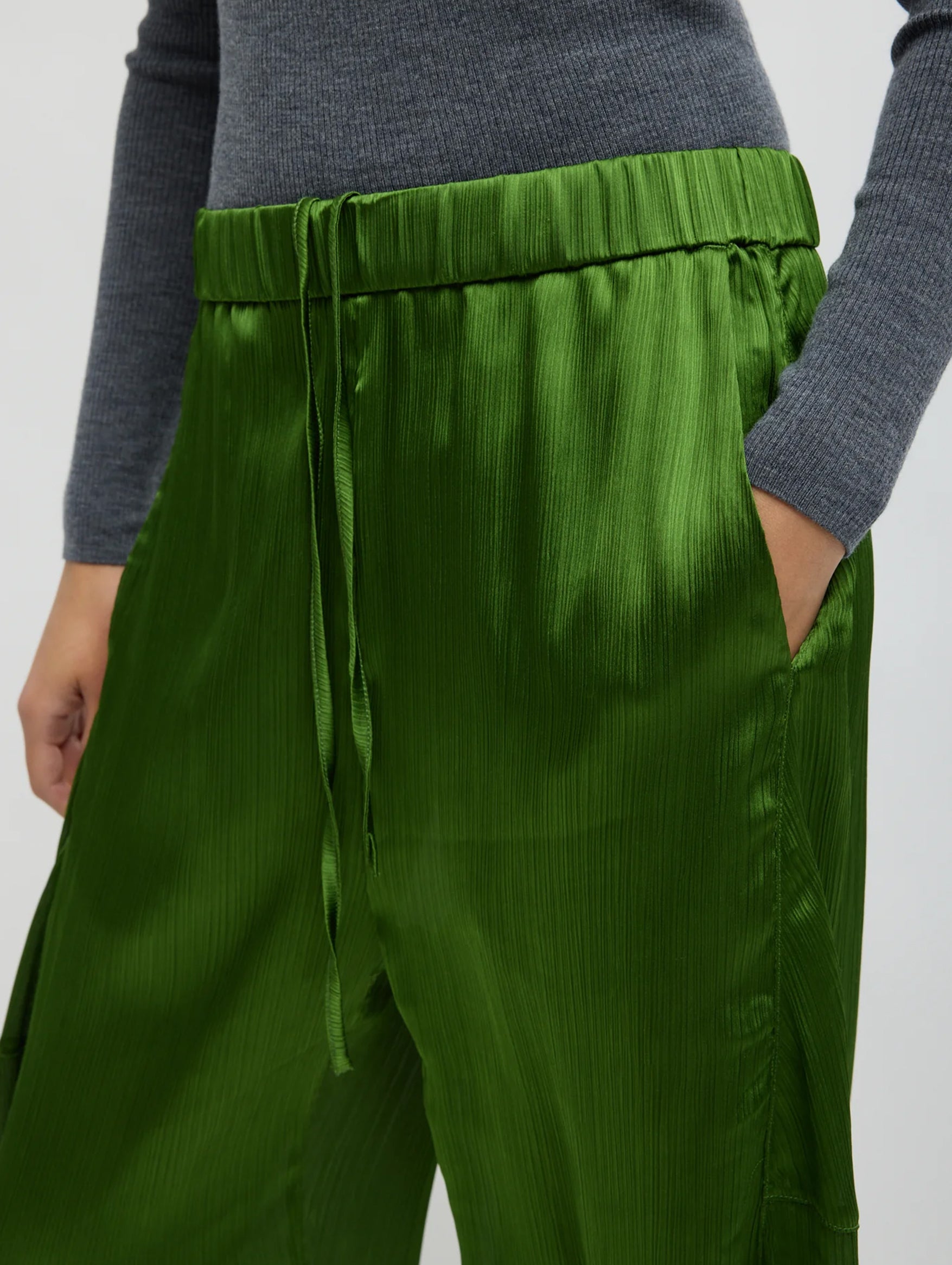 Matte Satin Plisse Winslow Pant in Green