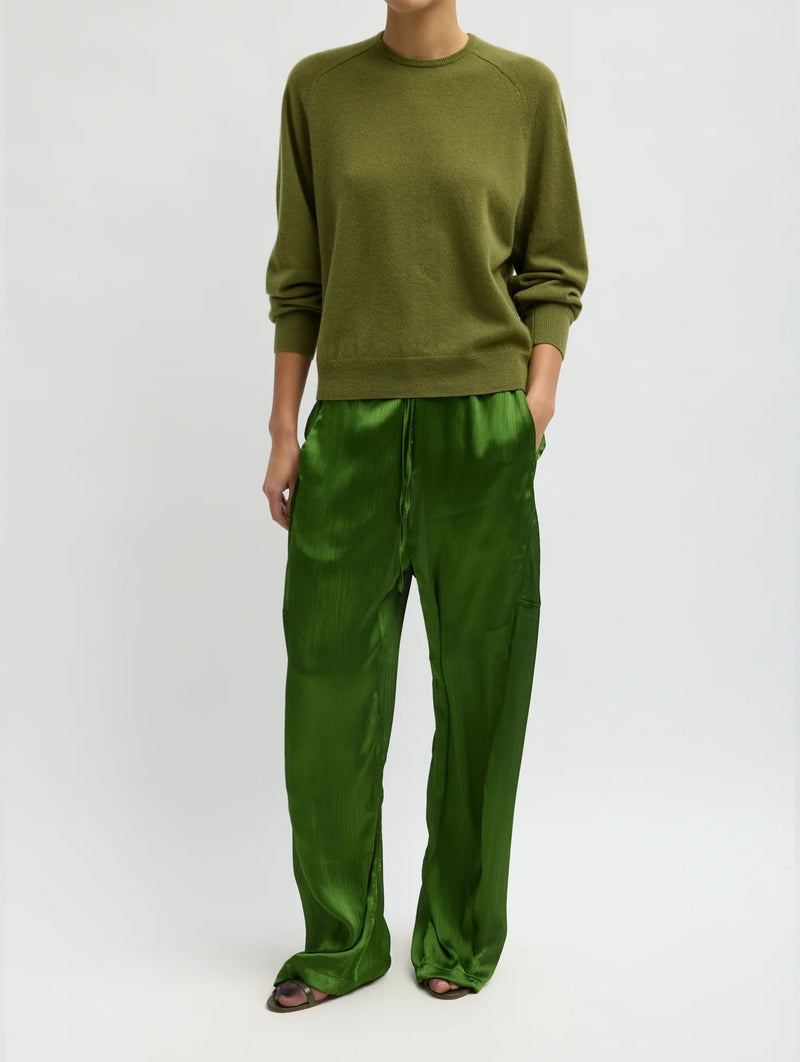 Matte Satin Plisse Winslow Pant in Green