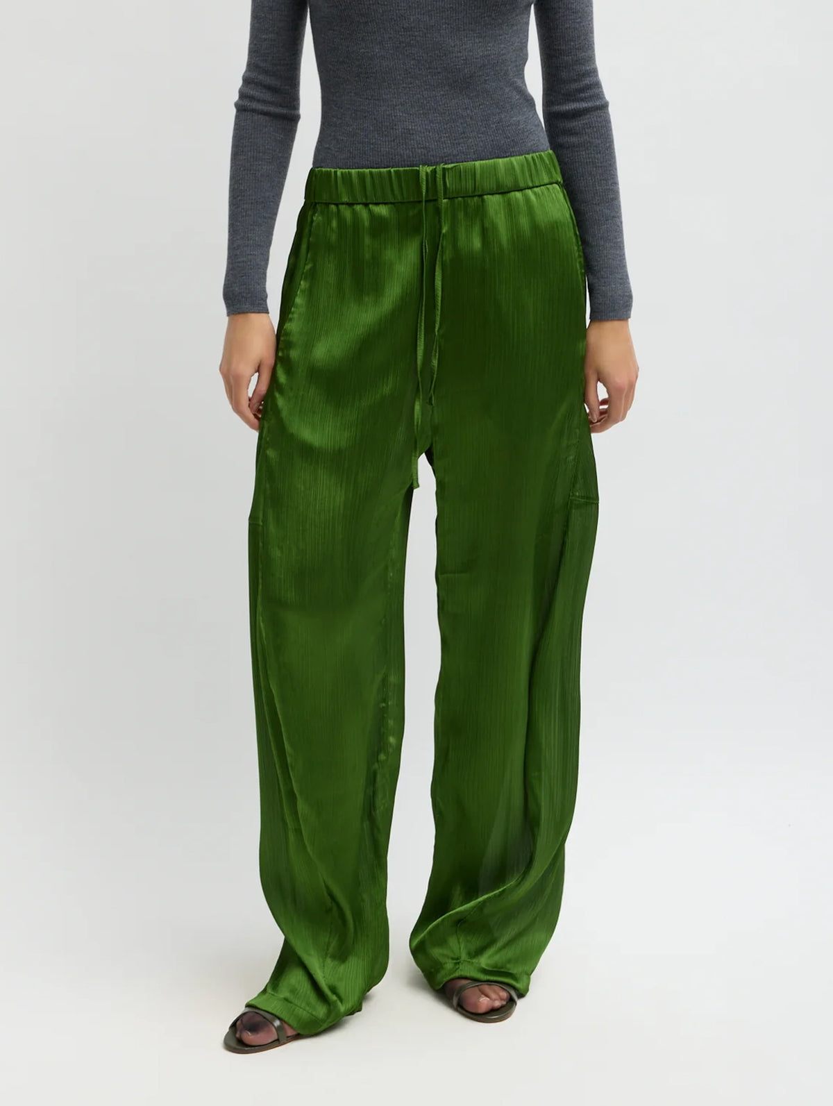 Matte Satin Plisse Winslow Pant in Green