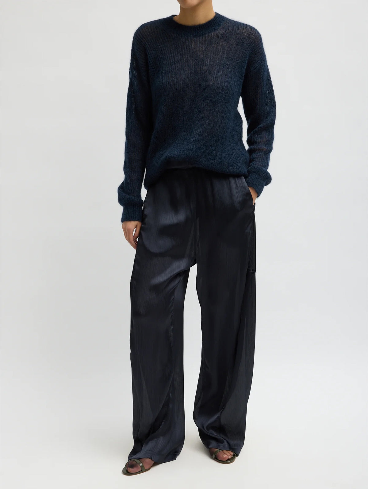 Matte Satin Plisse Winslow Pant in Navy