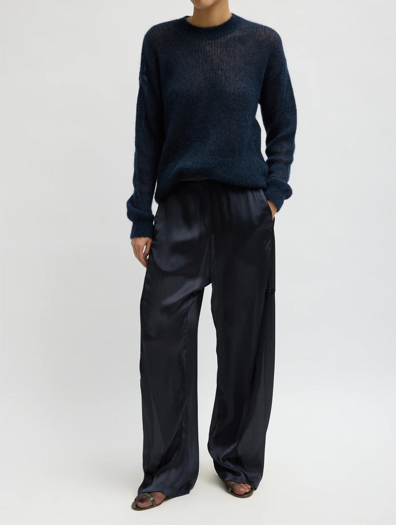 Matte Satin Plisse Winslow Pant in Navy