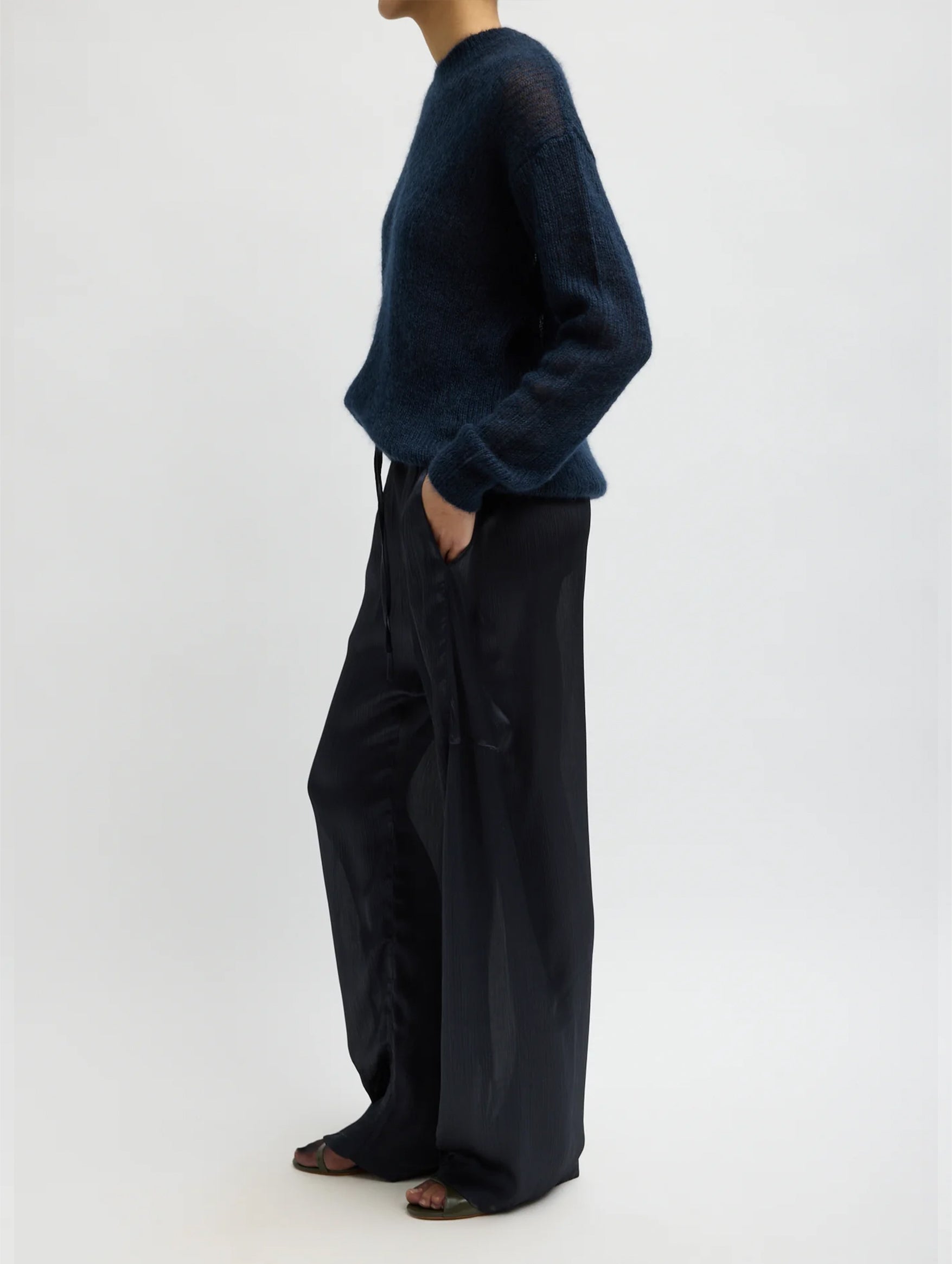 Matte Satin Plisse Winslow Pant in Navy