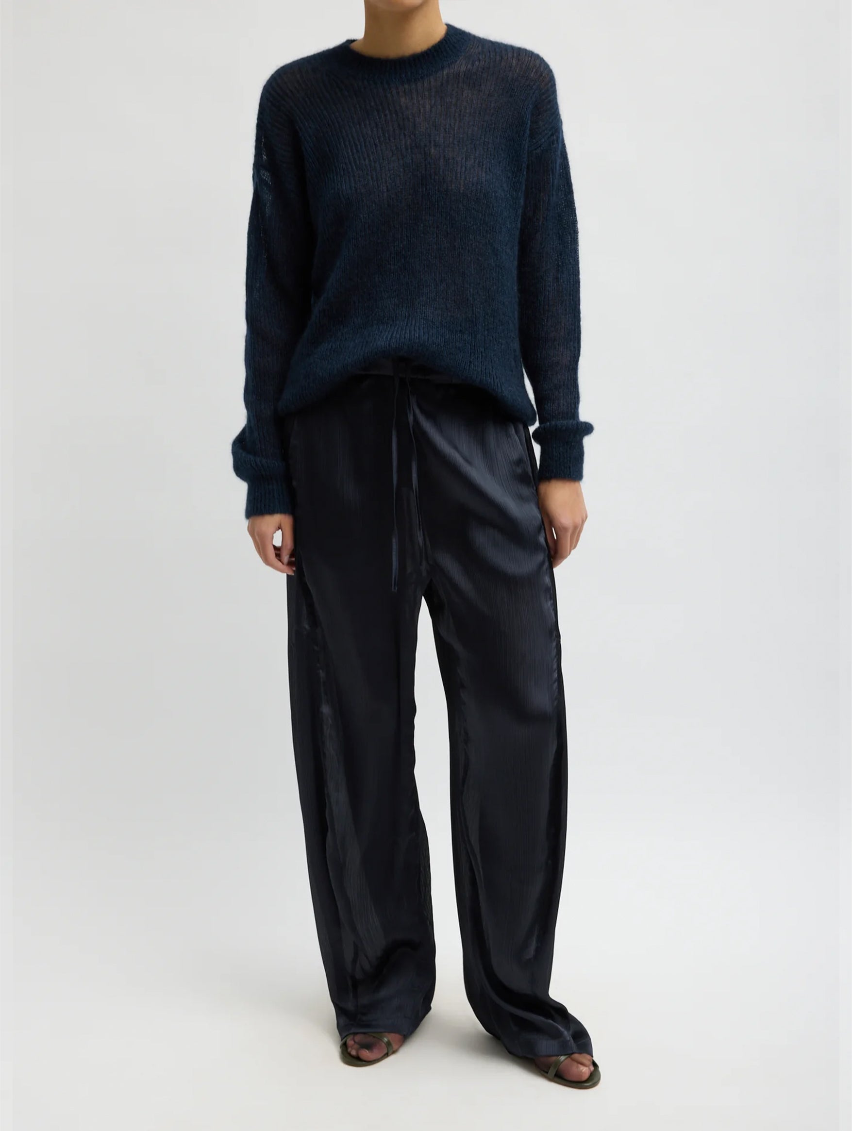 Matte Satin Plisse Winslow Pant in Navy