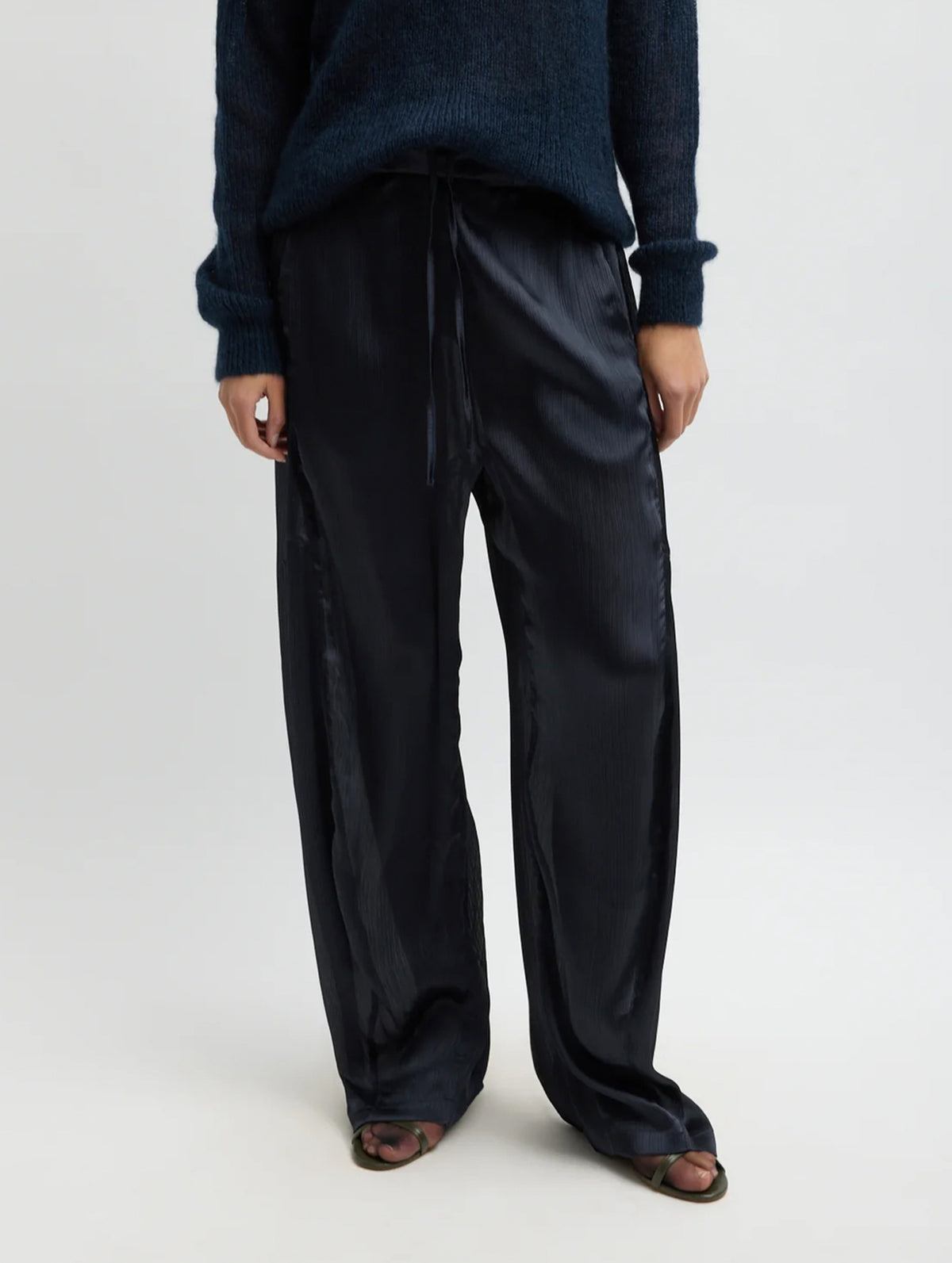 Matte Satin Plisse Winslow Pant in Navy