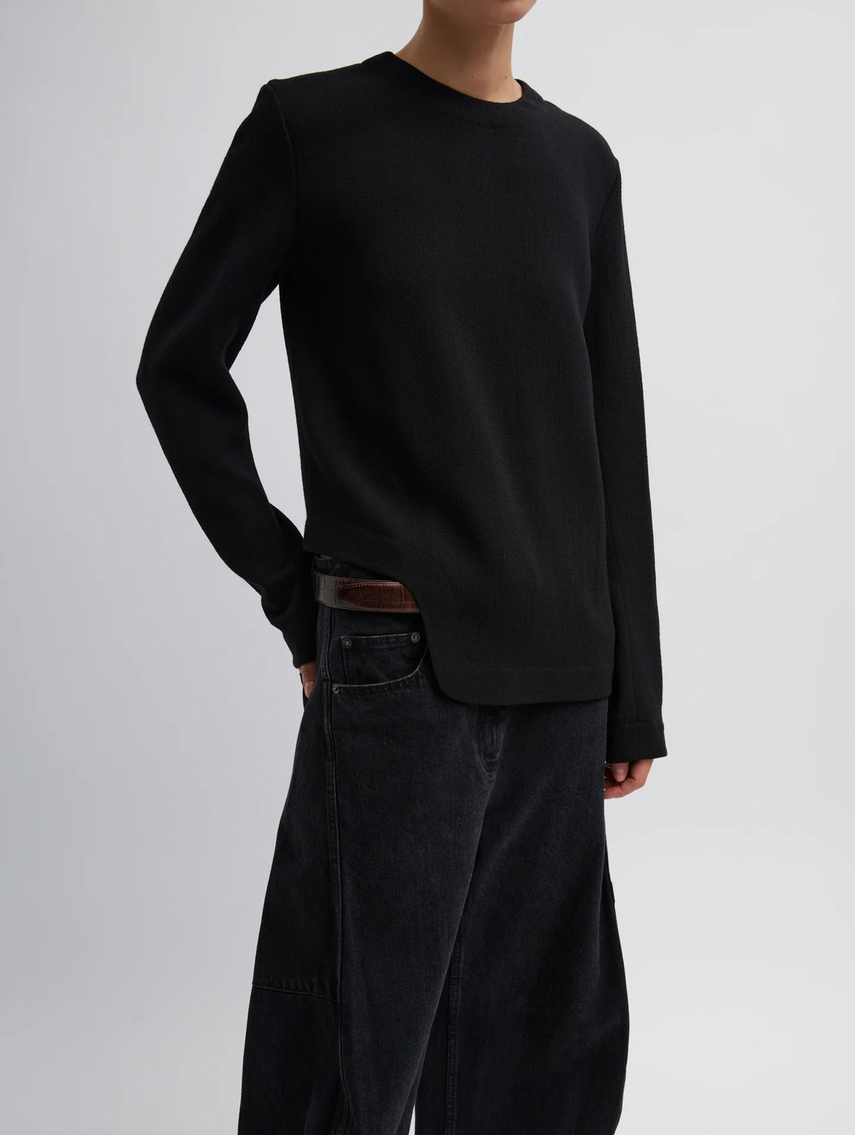 Melee Crepe Long Sleeve Cropped Top in Black