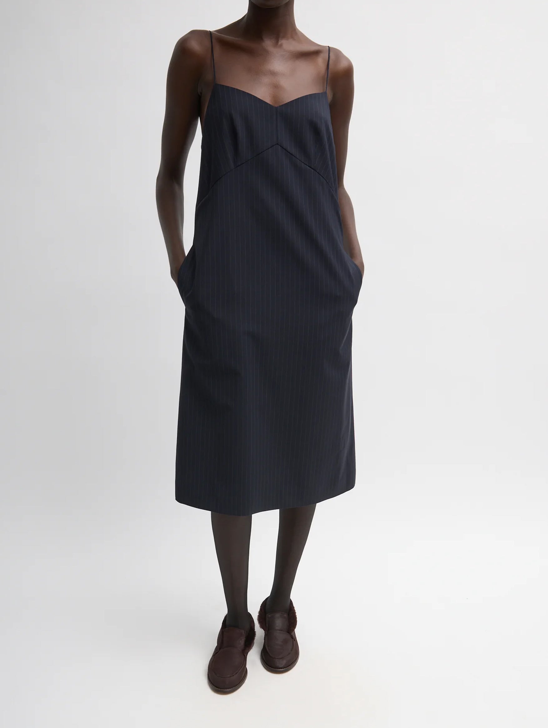 Mier Pinstripe Convertible Slip Dress in Navy