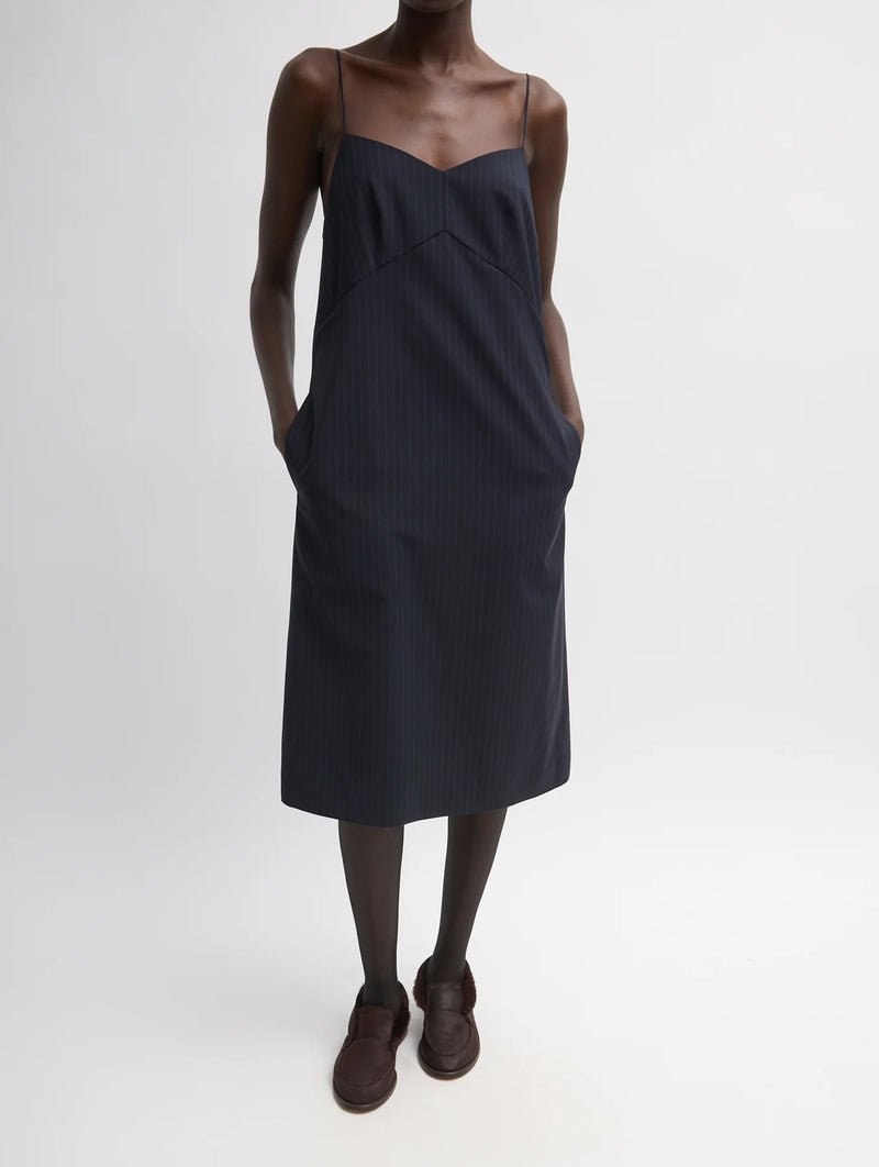 Mier Pinstripe Convertible Slip Dress in Navy