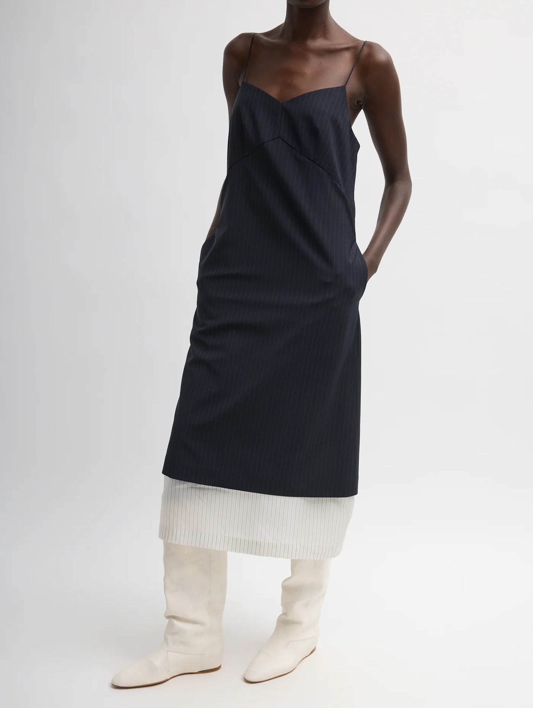 Mier Pinstripe Convertible Slip Dress in Navy